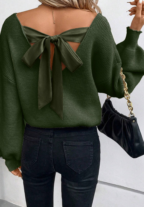 Chic Bow-Back V-Neck Sweater