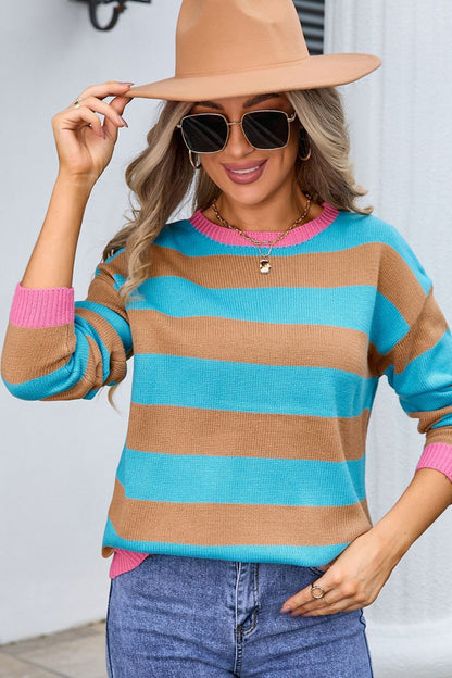 Angel Wings Striped Round Neck Dropped Shoulder Sweater