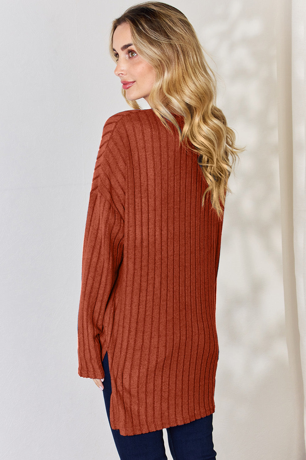 Basic Bae Full Size Ribbed Half Button Long Sleeve High-Low Shirt