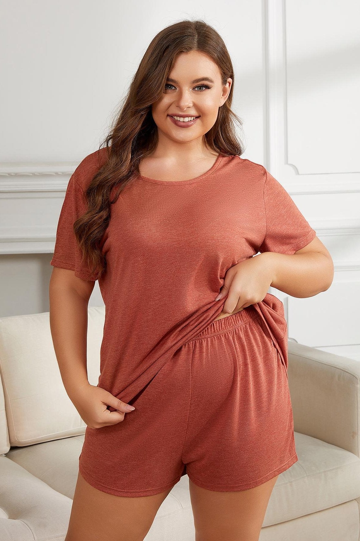 Plus Size Round Neck Short Sleeve Two-Piece Loungewear Set