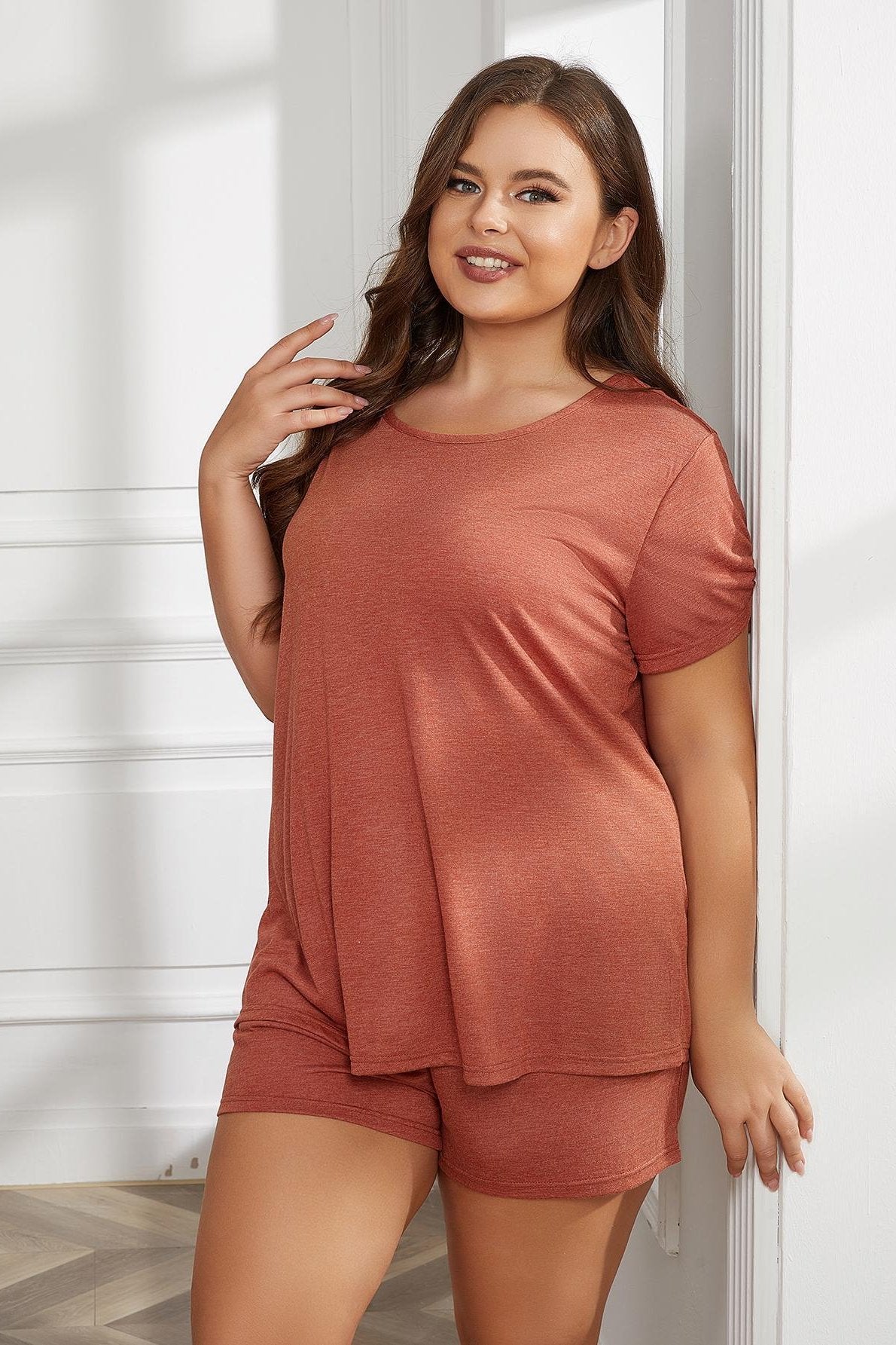 Plus Size Round Neck Short Sleeve Two-Piece Loungewear Set