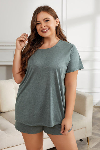 Plus Size Round Neck Short Sleeve Two-Piece Loungewear Set