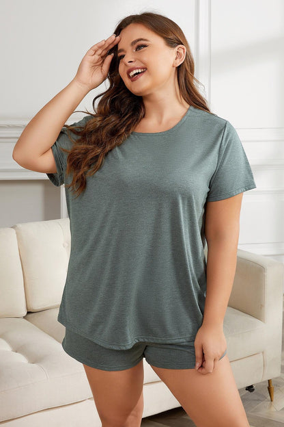 Plus Size Round Neck Short Sleeve Two-Piece Loungewear Set