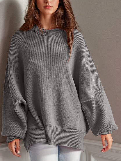 Side Slit Round Neck Long Sleeve Sweater