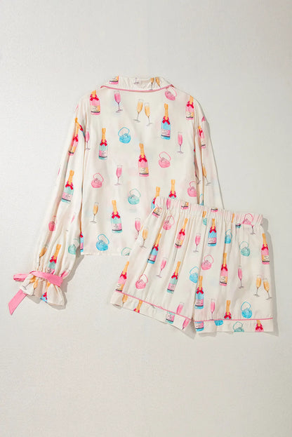 Bow Printed Collared Neck Top and Drawstring Pajama Shorts Set