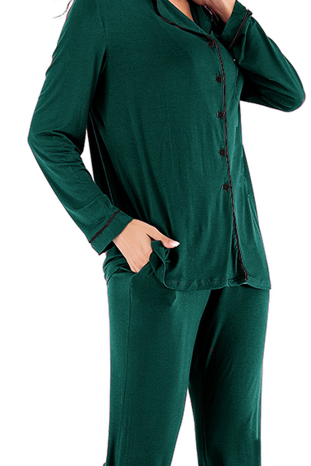 Collared Neck Long Sleeve Pajama Set with Pockets