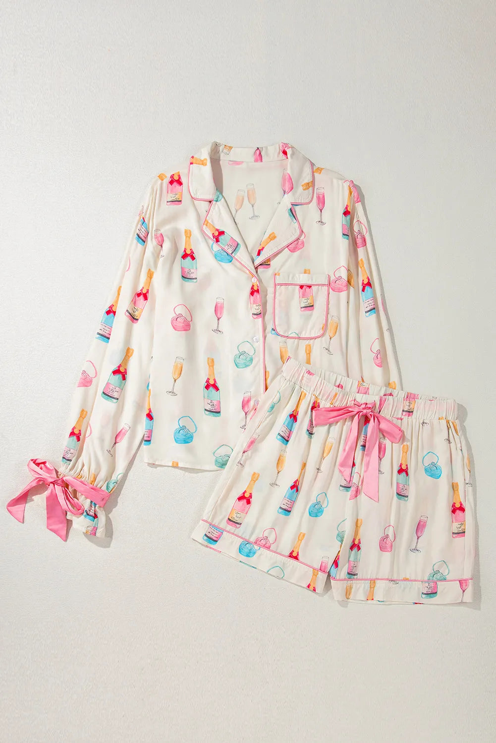 Bow Printed Collared Neck Top and Drawstring Pajama Shorts Set