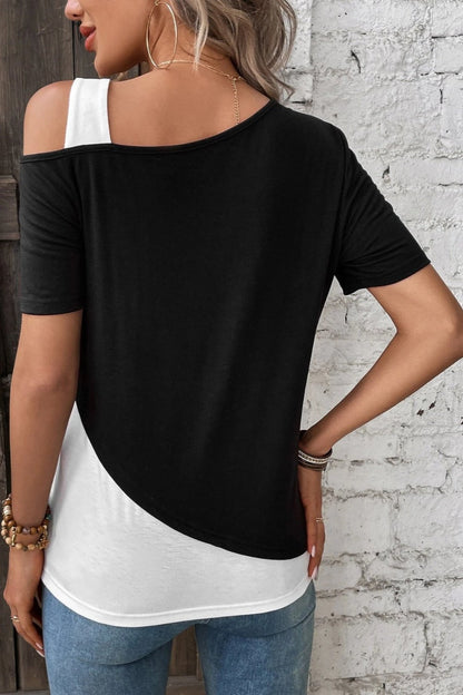 Contrast Asymmetrical Neck Short Sleeve T-Shirt