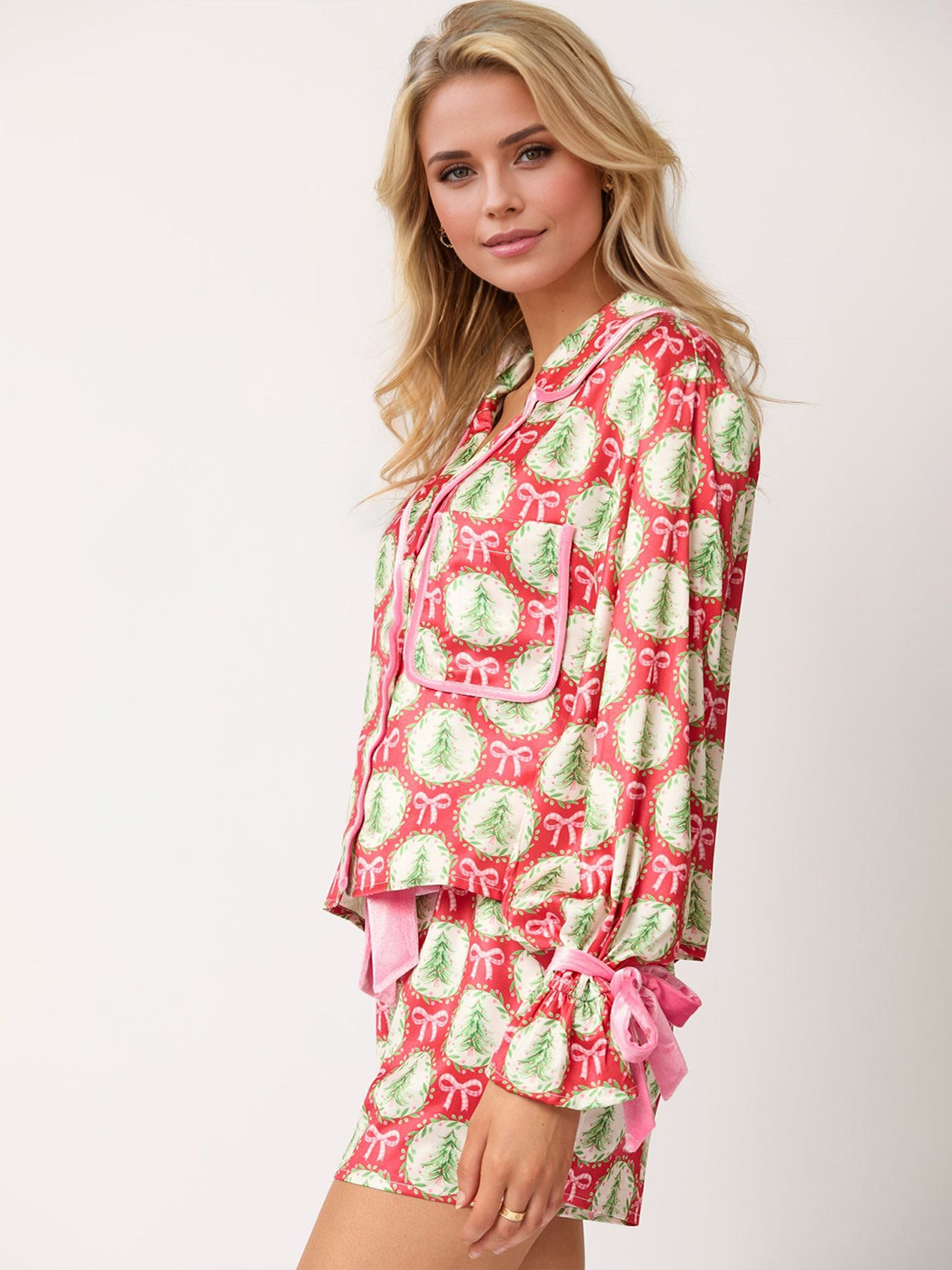 Tied Printed Collared Neck Long Sleeve Top and Pajama Shorts Set