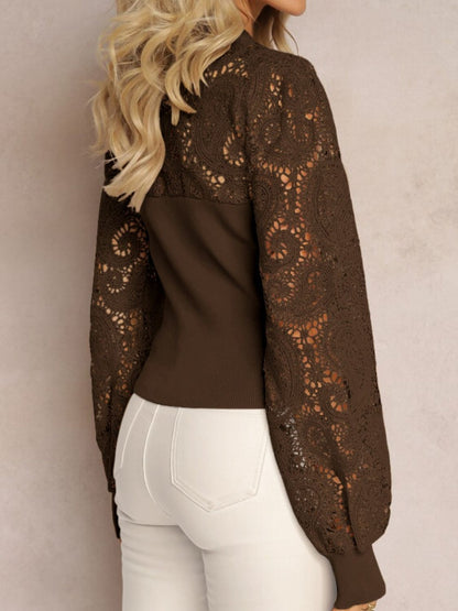 Lace Round Neck Long Sleeve Blouse