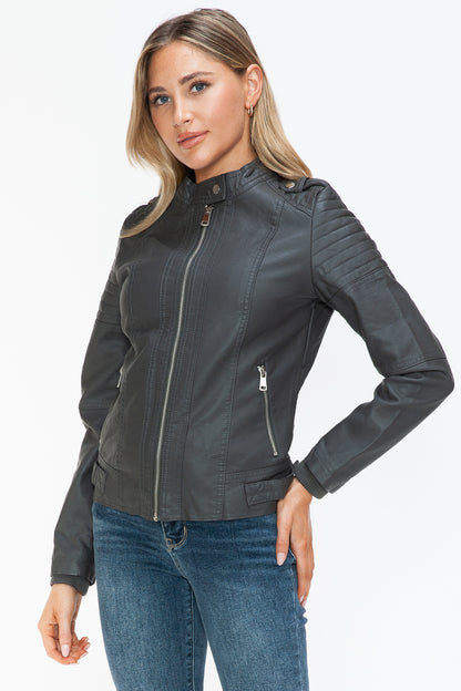 Snobbish PU Leather Biker Jacket with Side Zip Pockets