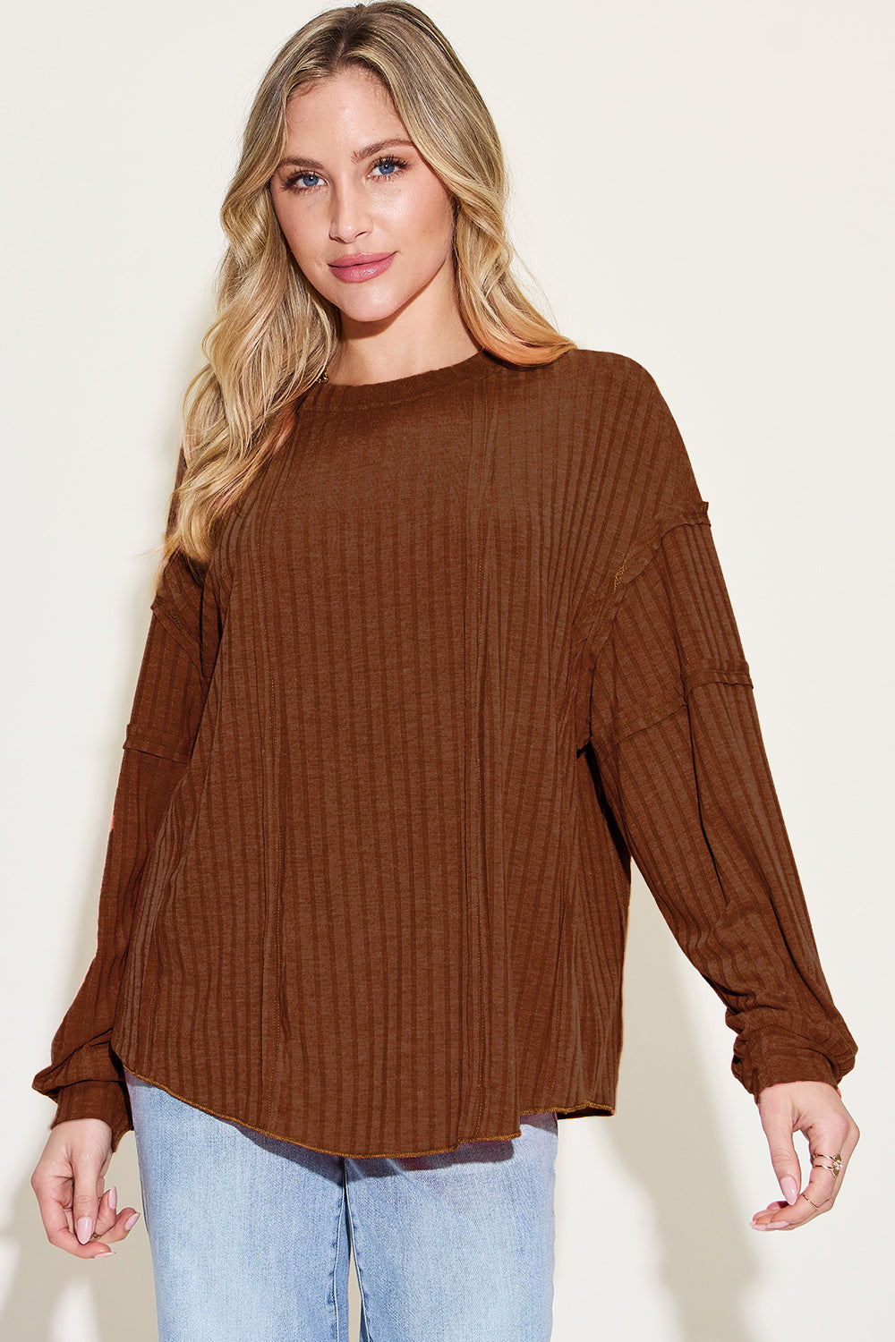 Basic Bae Full Size Ribbed Round Neck Long Sleeve Shirt