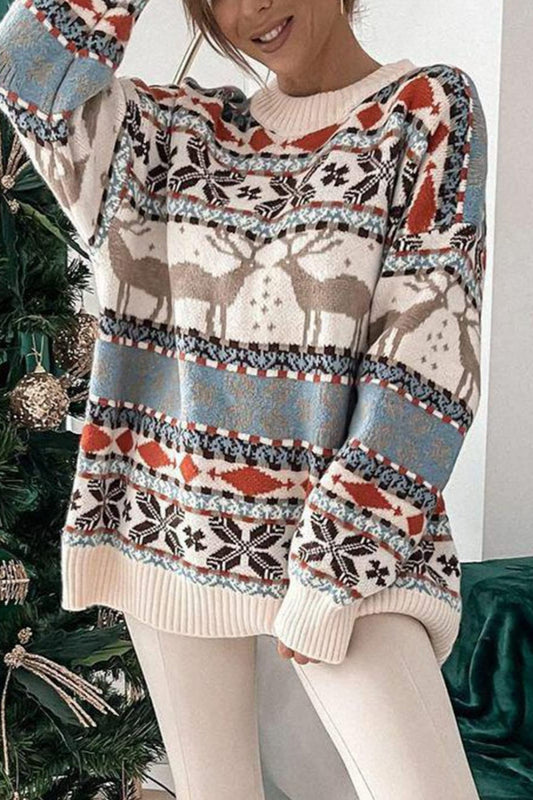 Geometric Round Neck Dropped Shoulder Sweater