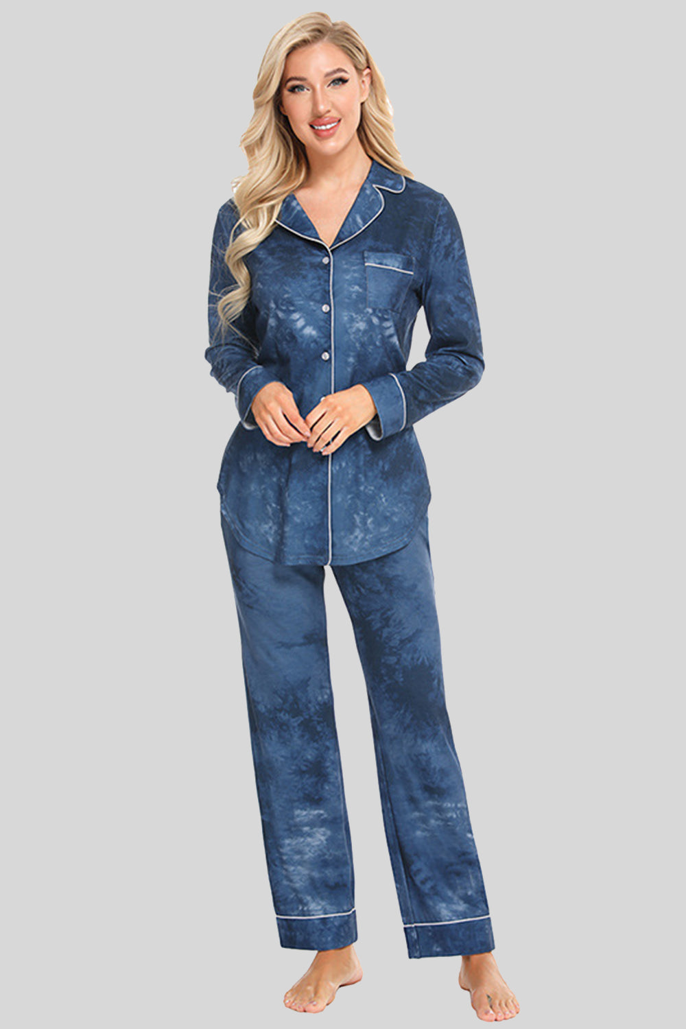 Collared Neck Long Sleeve Pajama Set with Pockets