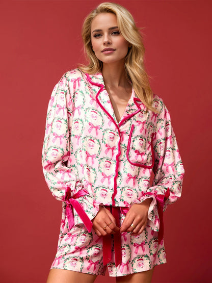 Tied Printed Collared Neck Long Sleeve Top and Pajama Shorts Set