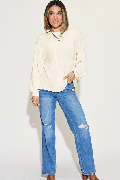 Basic Bae Full Size Ribbed Round Neck Long Sleeve Shirt