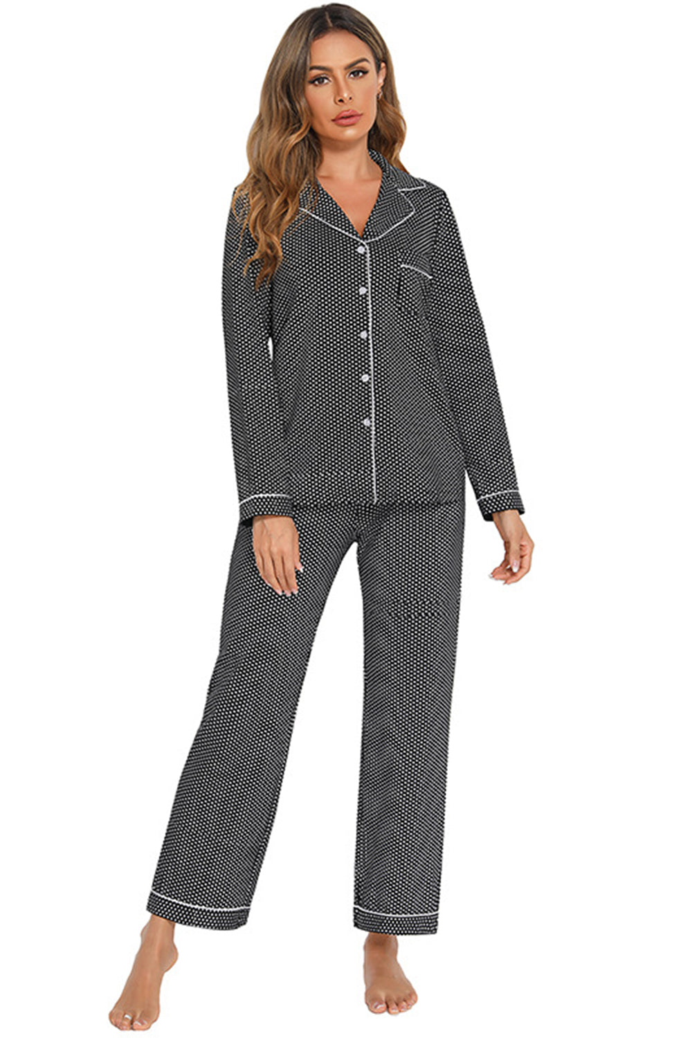 Collared Neck Pajamas Set with Pocket