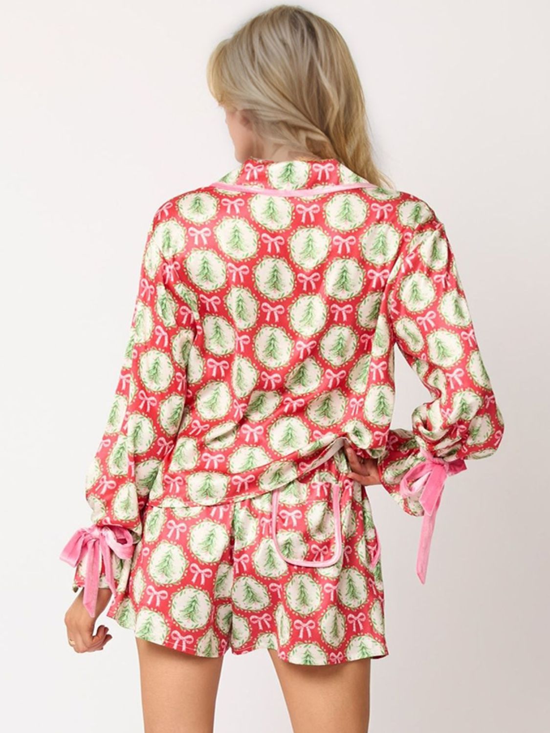 Tied Printed Collared Neck Long Sleeve Top and Pajama Shorts Set