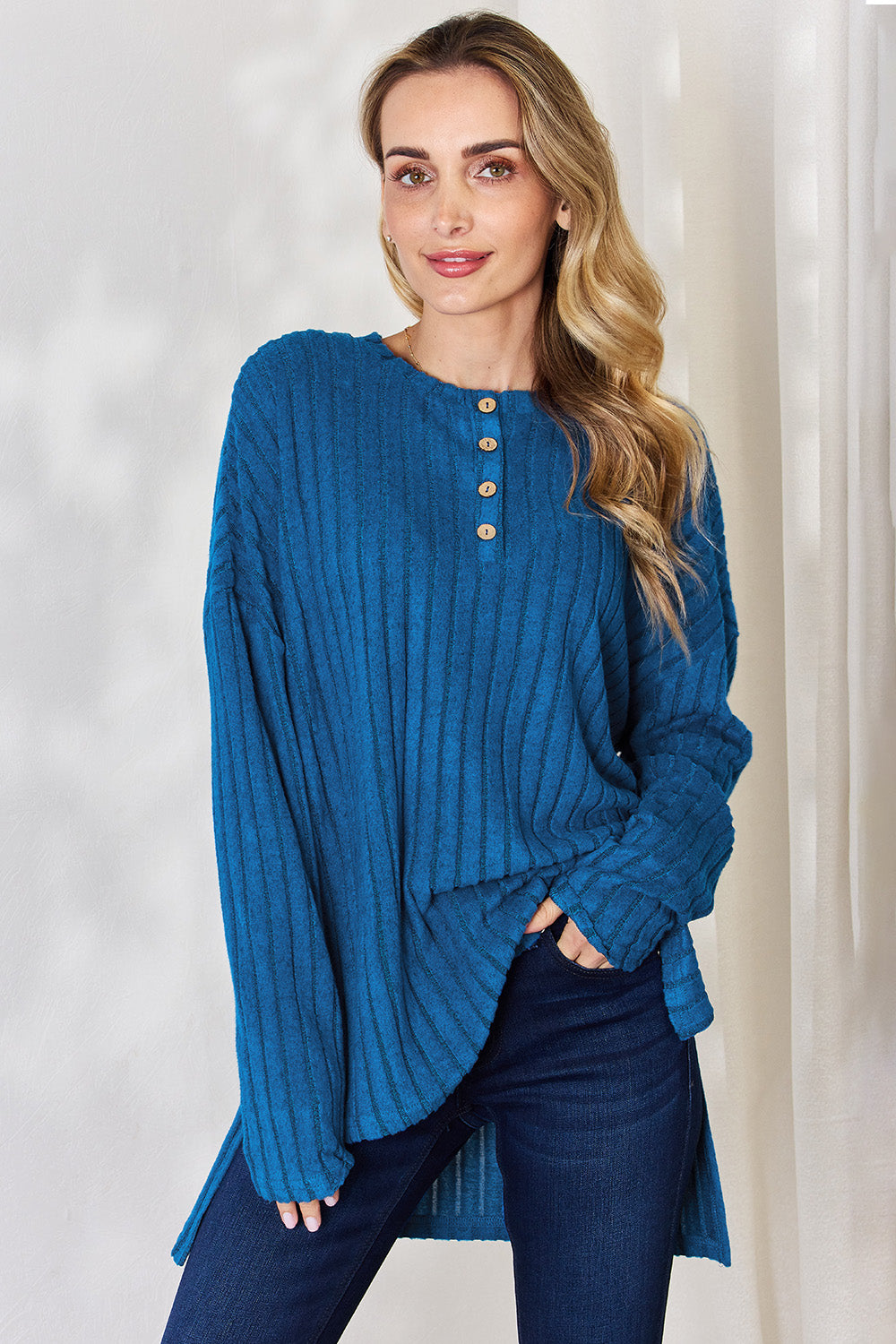 Basic Bae Full Size Ribbed Half Button Long Sleeve High-Low Shirt