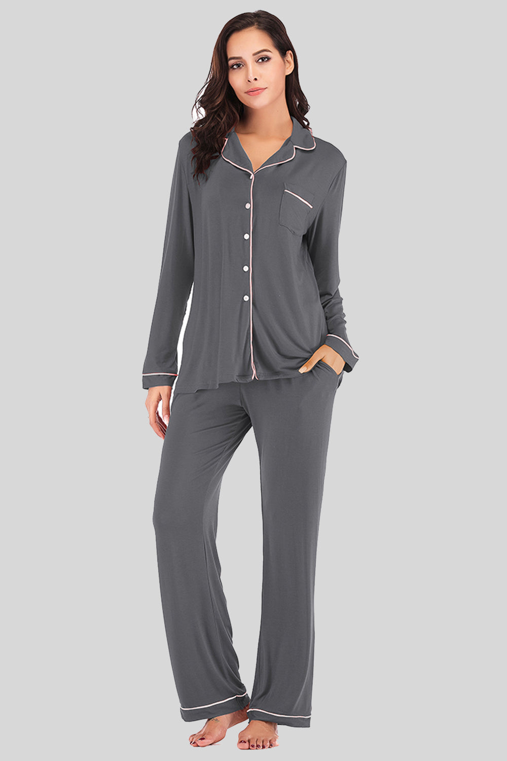 Collared Neck Long Sleeve Pajama Set with Pockets