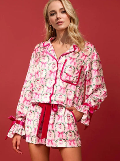 Tied Printed Collared Neck Long Sleeve Top and Pajama Shorts Set