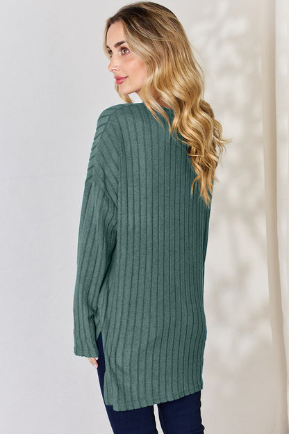 Basic Bae Full Size Ribbed Half Button Long Sleeve High-Low Shirt