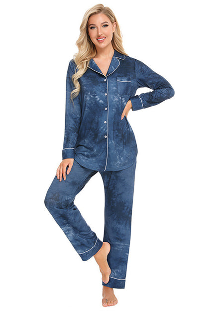 Collared Neck Long Sleeve Pajama Set with Pockets