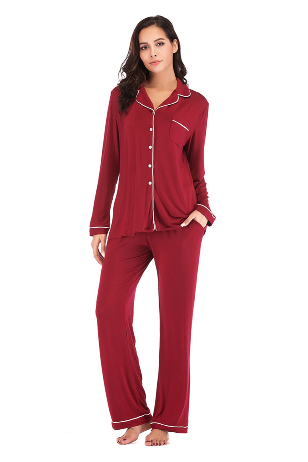 Collared Neck Long Sleeve Pajama Set with Pockets