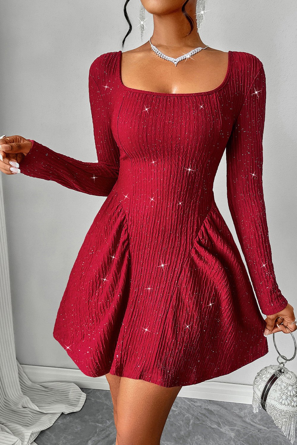 Backless Glitter Square Neck Long Sleeve Mini Dress