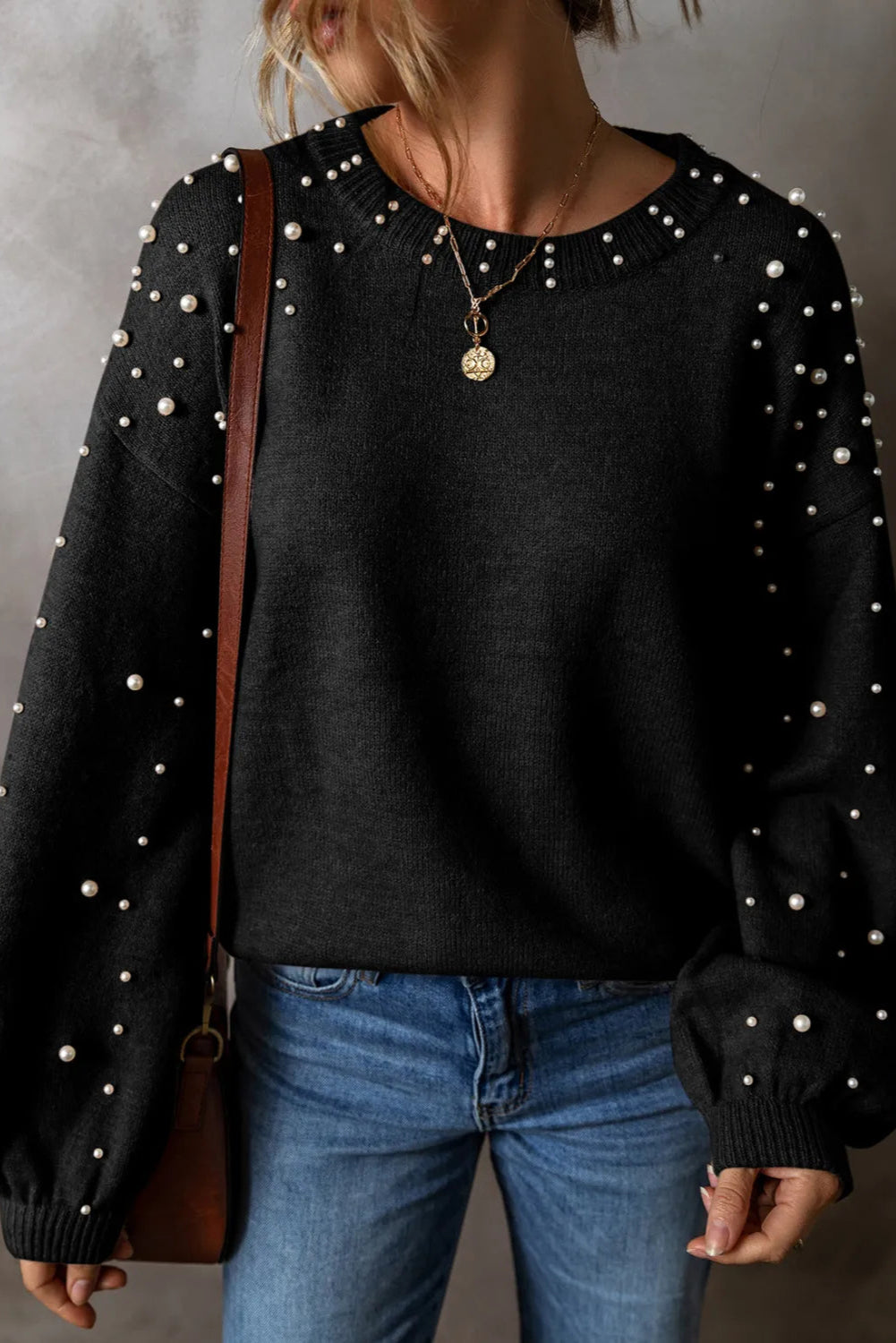 Pearl Detail Round Neck Long Sleeve Sweater