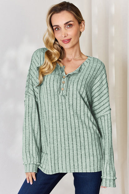 Basic Bae Full Size Ribbed Half Button Long Sleeve Shirt