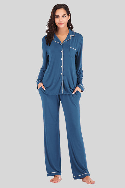 Collared Neck Long Sleeve Pajama Set with Pockets