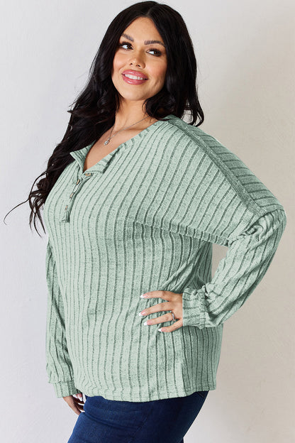 Basic Bae Full Size Ribbed Half Button Long Sleeve Shirt