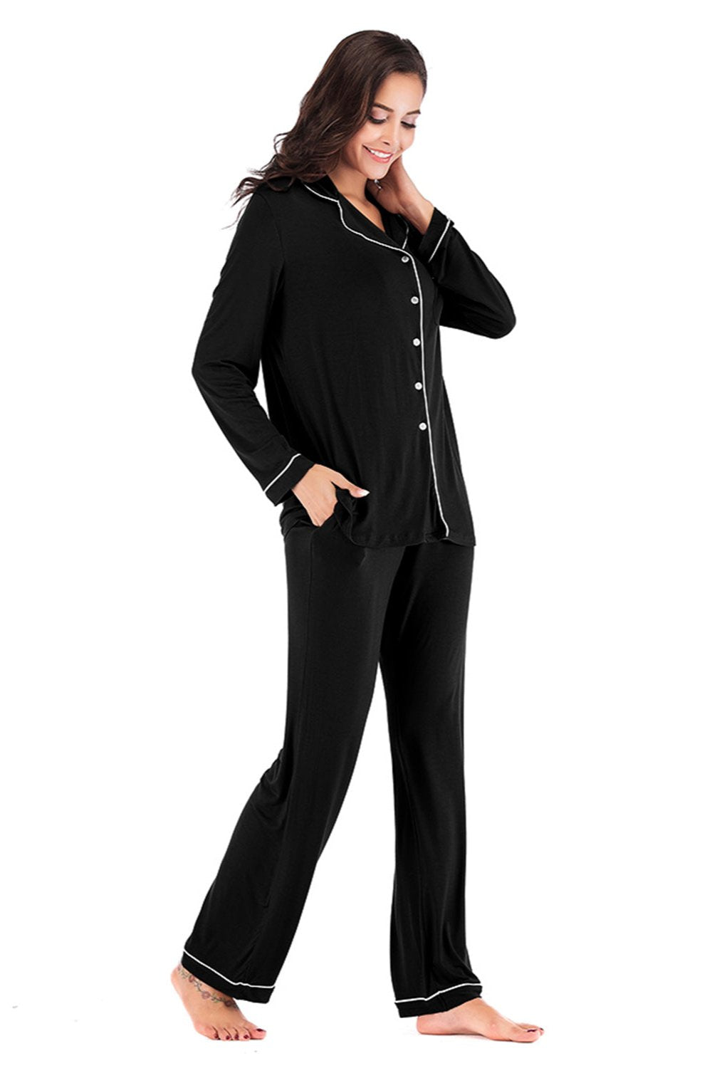 Collared Neck Long Sleeve Pajama Set with Pockets