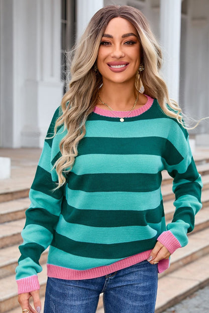 Angel Wings Striped Round Neck Dropped Shoulder Sweater