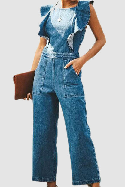 Ruffled Backless Sleeveless Denim Jumpsuit