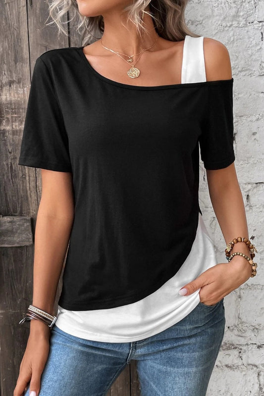 Contrast Asymmetrical Neck Short Sleeve T-Shirt