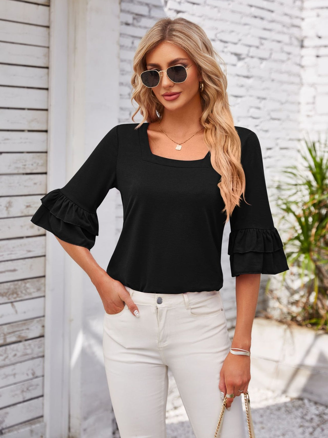 Ruffled Suqare Neck Half Sleeve Blouse