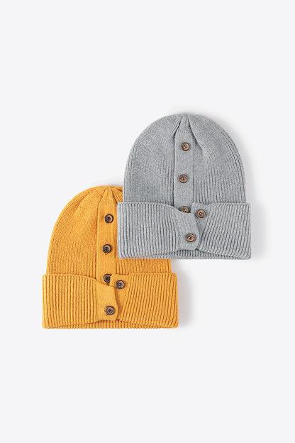 Button Detail Rib-Knit Cuff Beanie