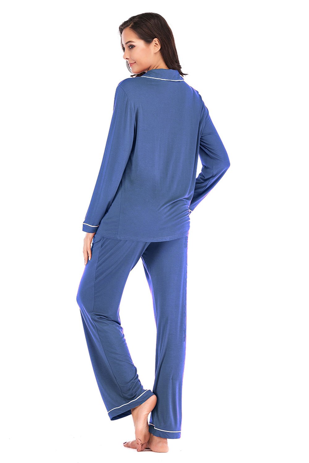 Collared Neck Long Sleeve Pajama Set with Pockets