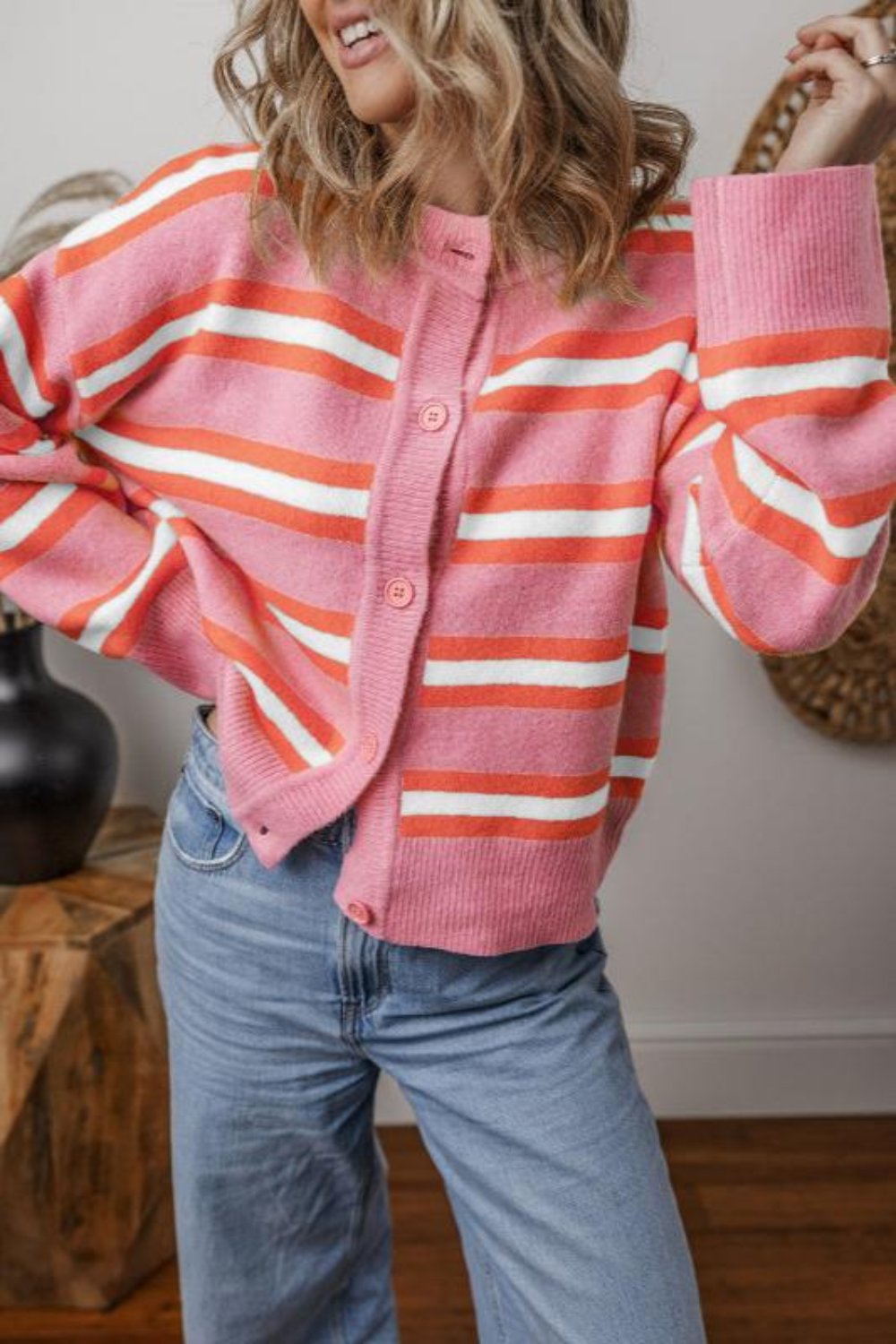 Striped Button Down Long Sleeve Cardigan