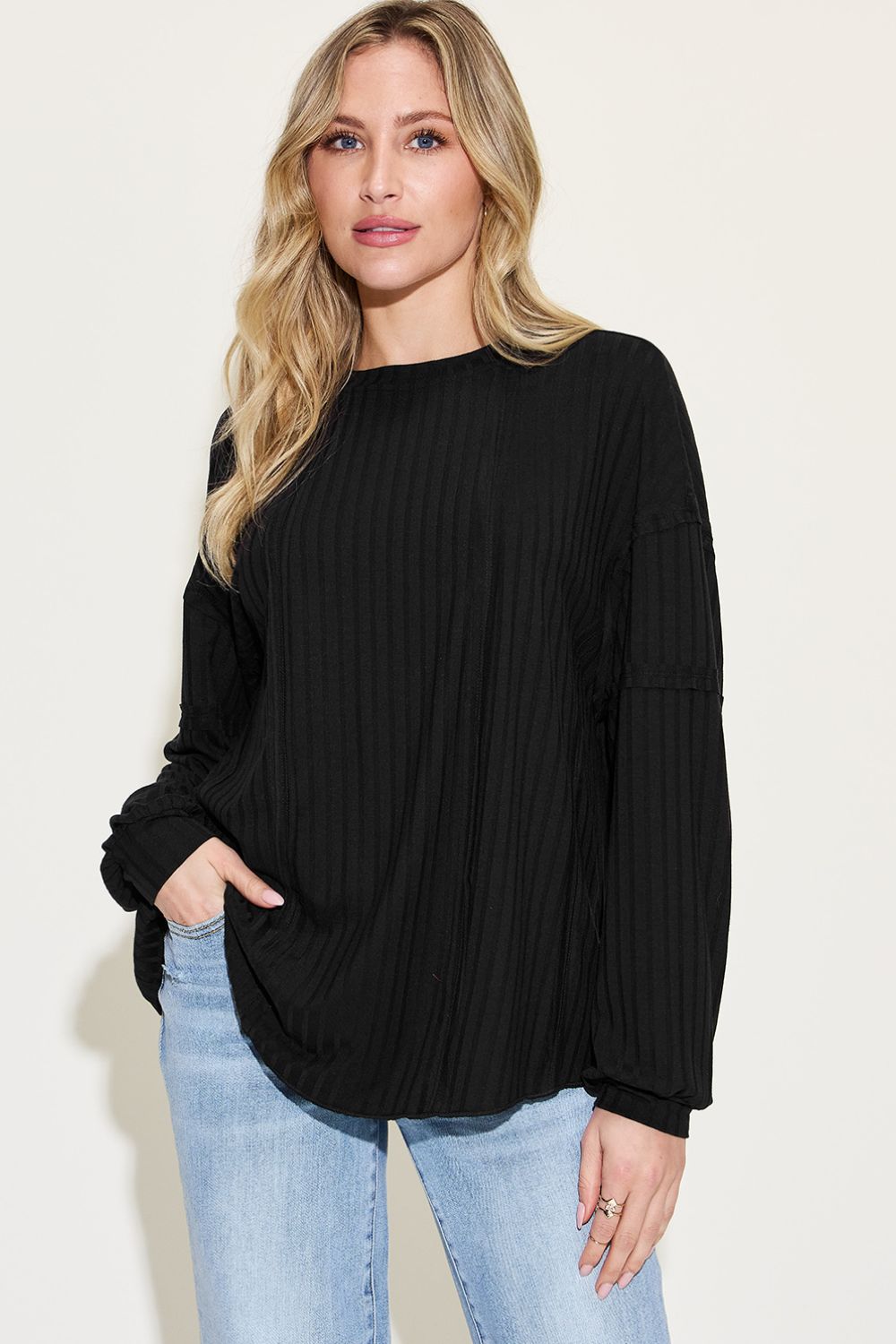 Basic Bae Full Size Ribbed Round Neck Long Sleeve Shirt