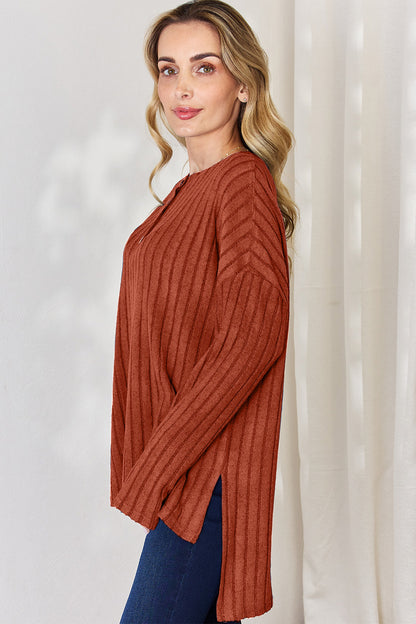 Basic Bae Full Size Ribbed Half Button Long Sleeve High-Low Shirt