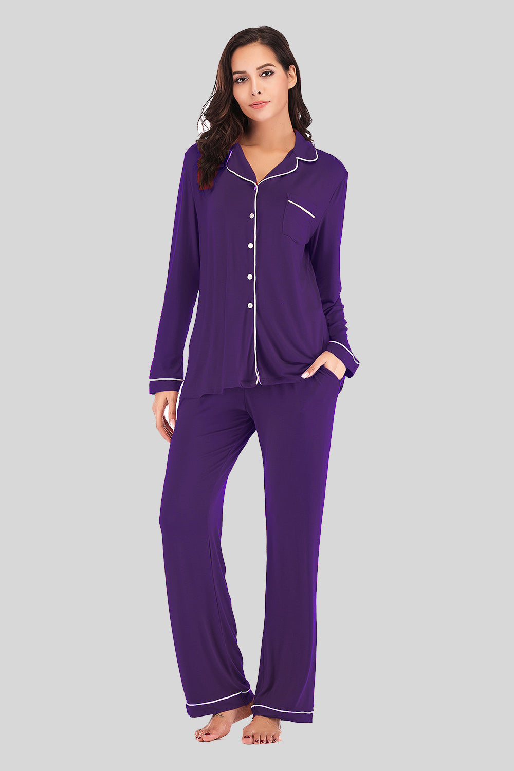 Collared Neck Long Sleeve Pajama Set with Pockets