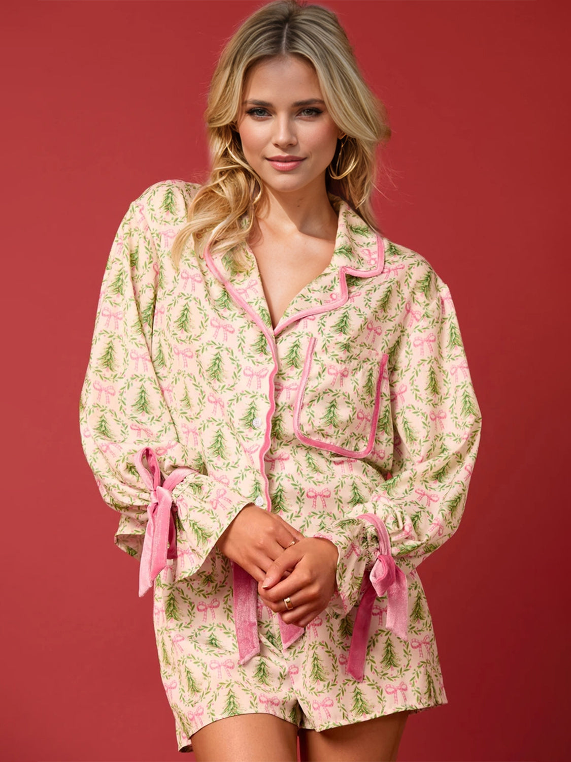 Tied Printed Collared Neck Long Sleeve Top and Pajama Shorts Set