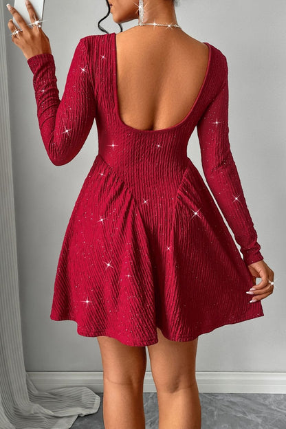 Backless Glitter Square Neck Long Sleeve Mini Dress