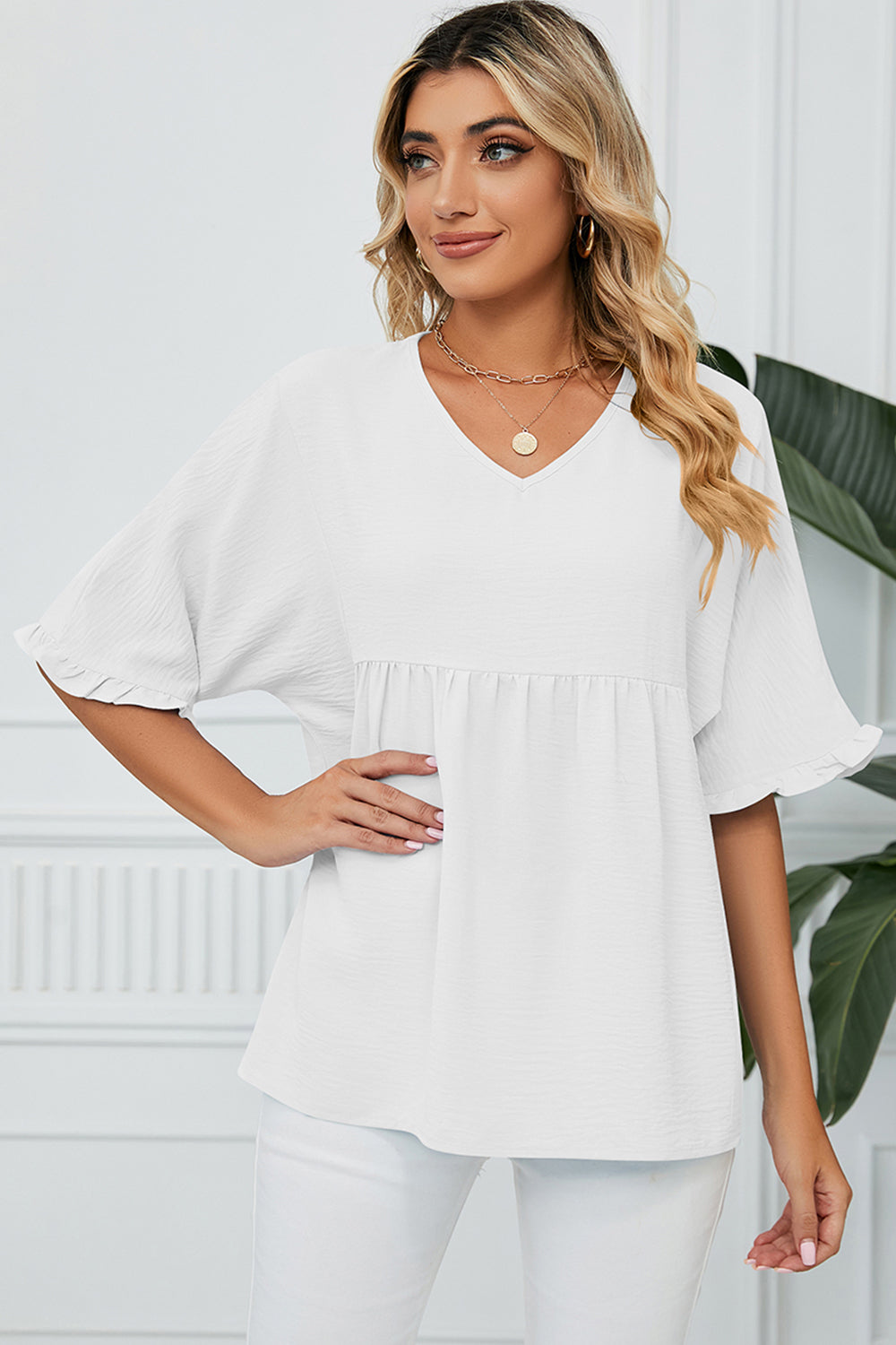 Peplum V-Neck Half Sleeve Shirt