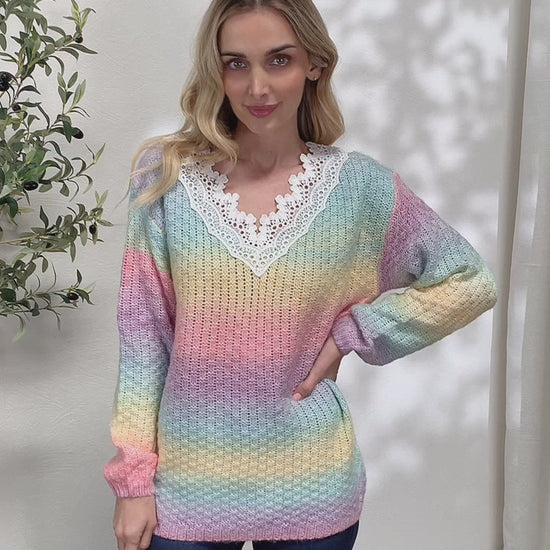 Rainbow Gradient Crochet Detail Sweater