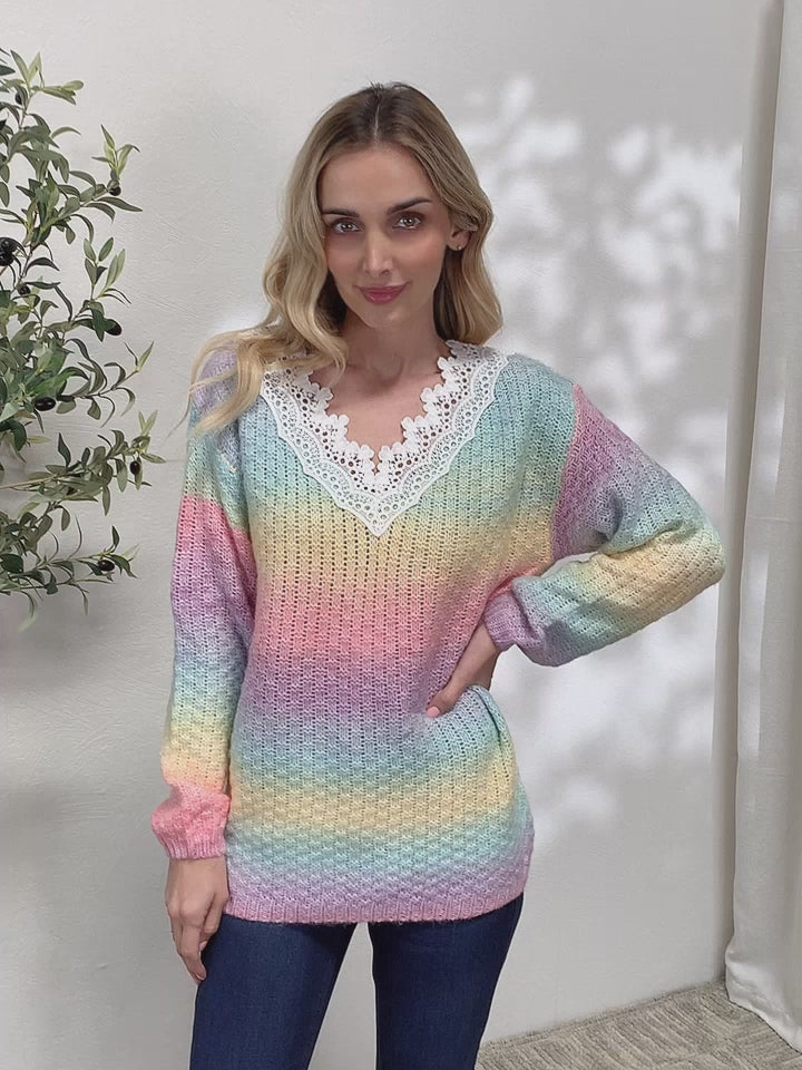 Rainbow Gradient Crochet Detail Sweater